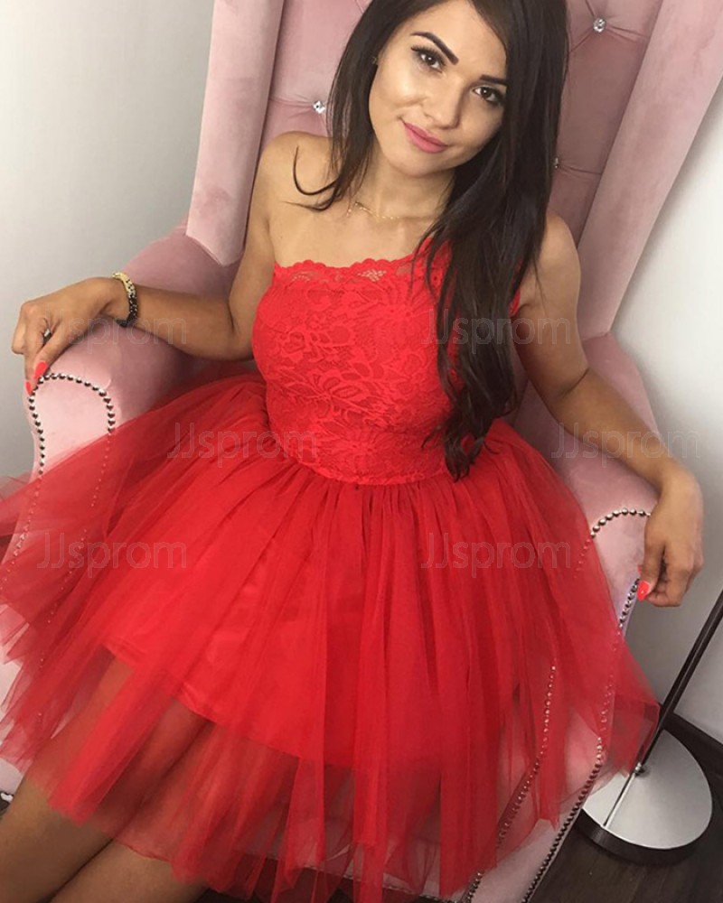 Lace Bodice Scoop Red Ball Gown Short Homecoming Dress HD3303