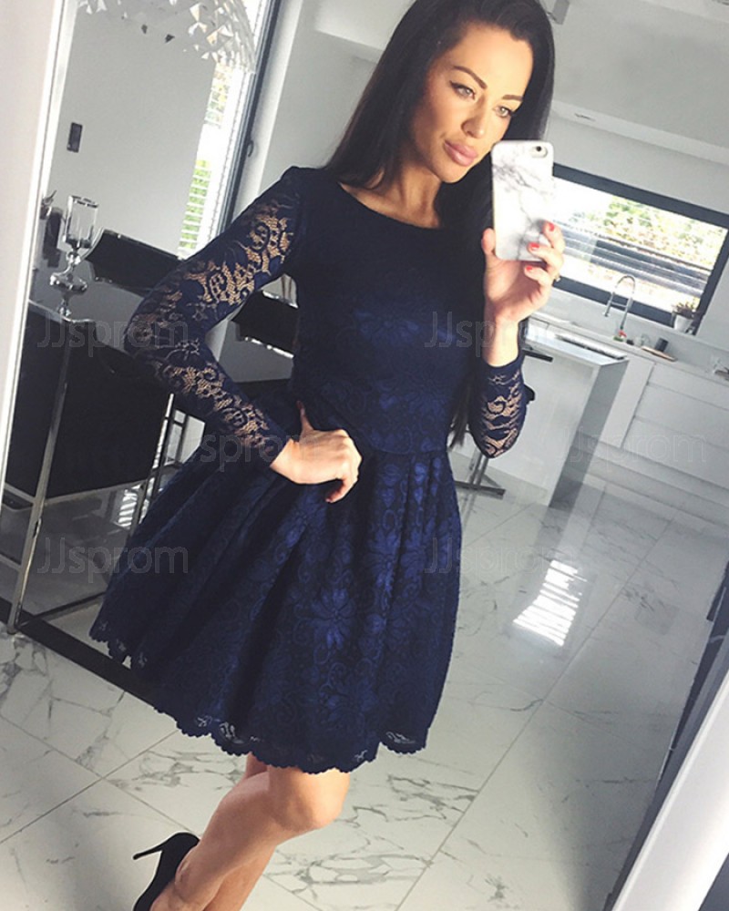 A-line Jewel Navy Blue Lace Homecoming Dress with Long Sleeves HD3324