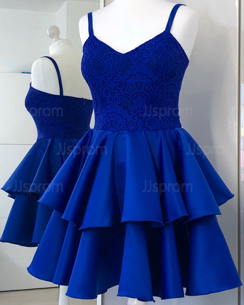 Royal Blue Lace Spaghetti Straps Bodice Homecoming Dress with Layered Skirt HD3330