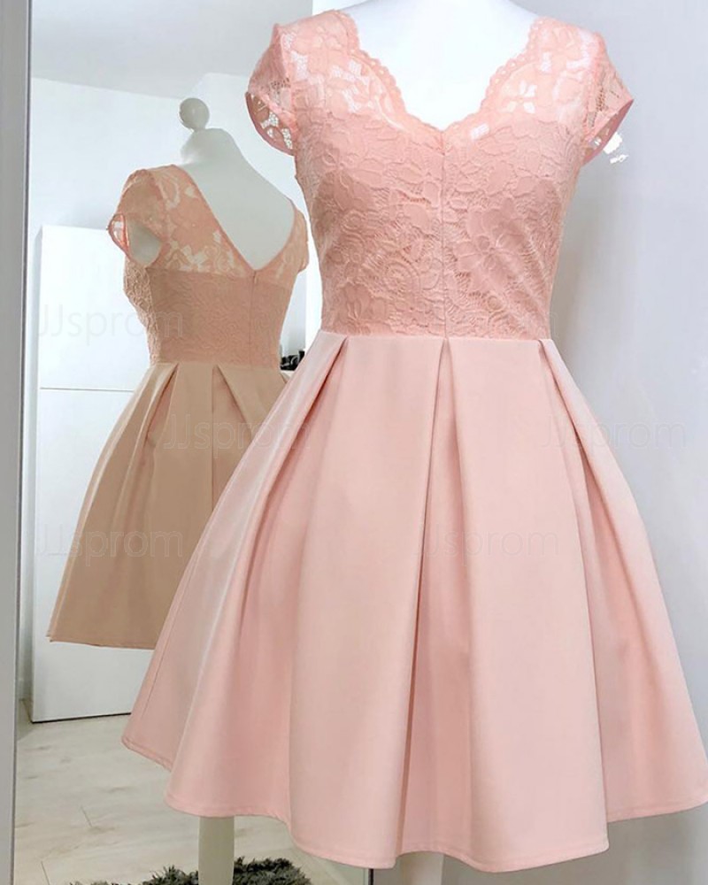 Pink Pleated Short V-neck Lace A-line Homecoming Dress HD3335