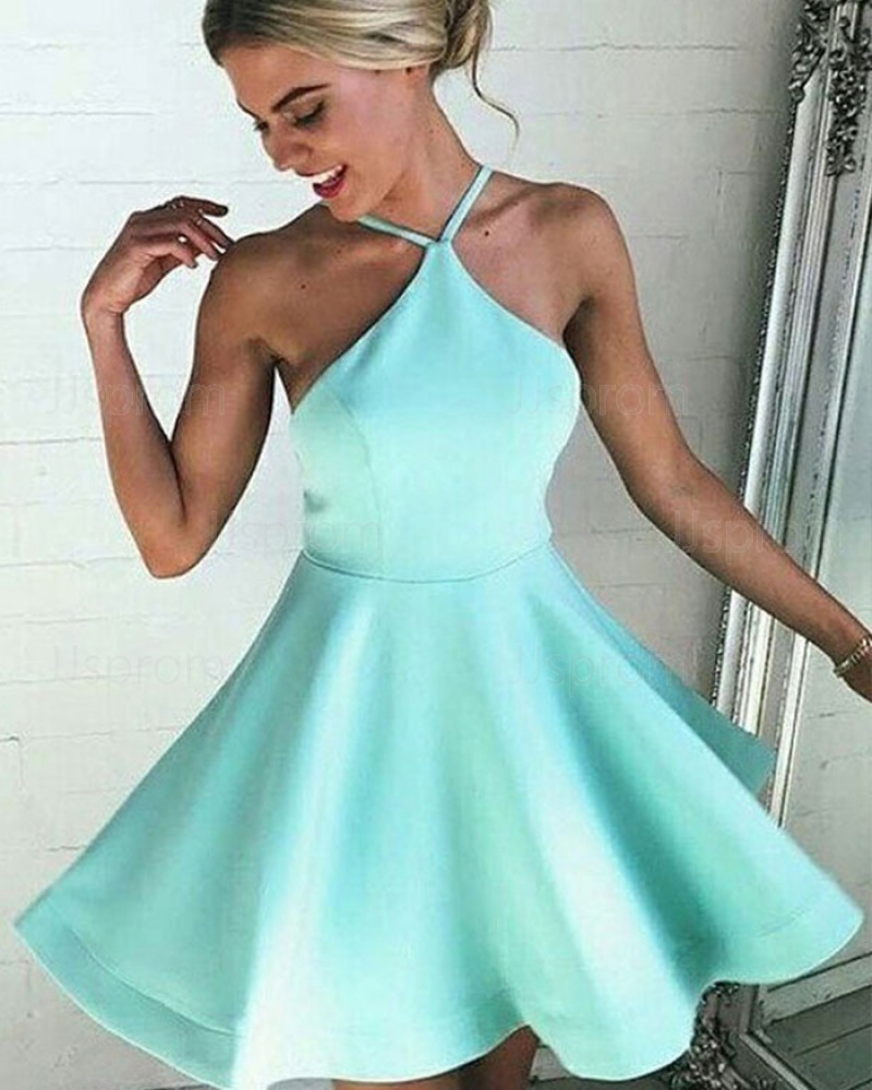 A-line Simple Spaghetti Straps Cyan Satin Homecoming Dress HD3345