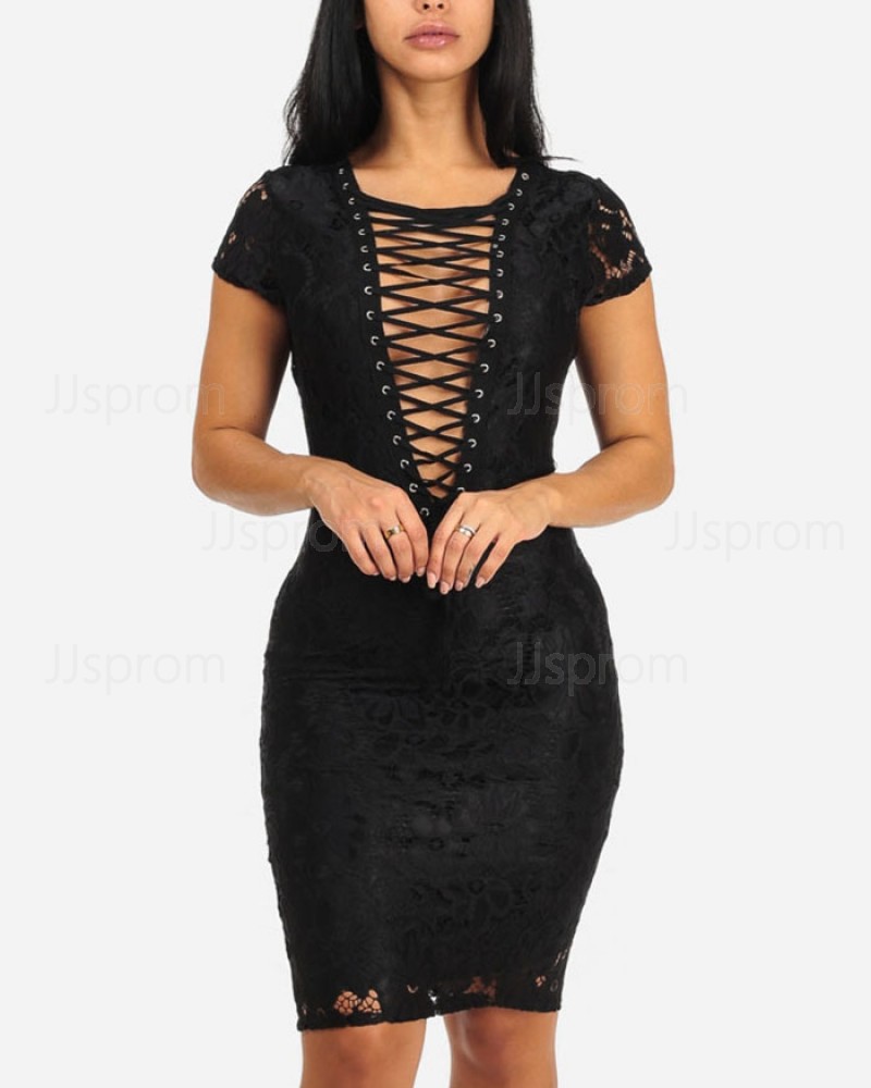 Black Crisscross Lace Knee Length Bodycon Club Dress with Short Sleeves 9566
