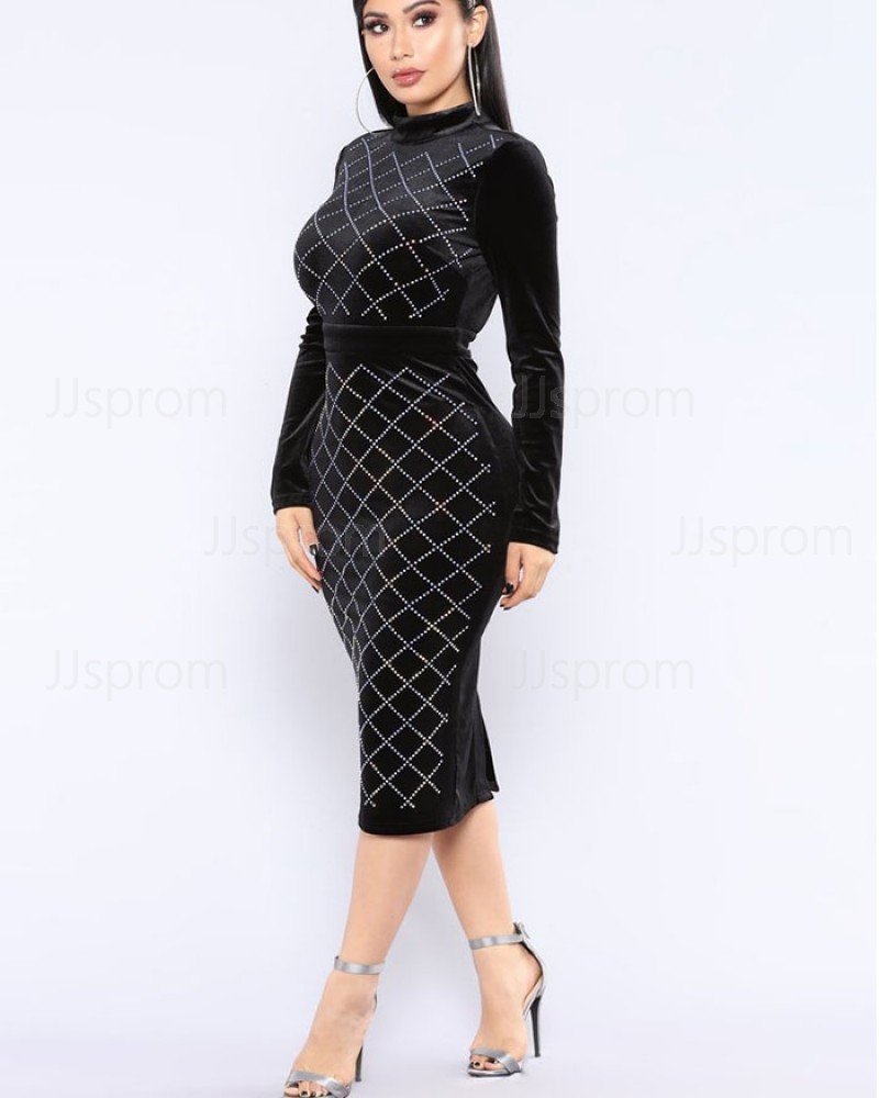 High Neck Knee Length Black Rhinestone Bodycon Club Dress with Long Sleeves 9983