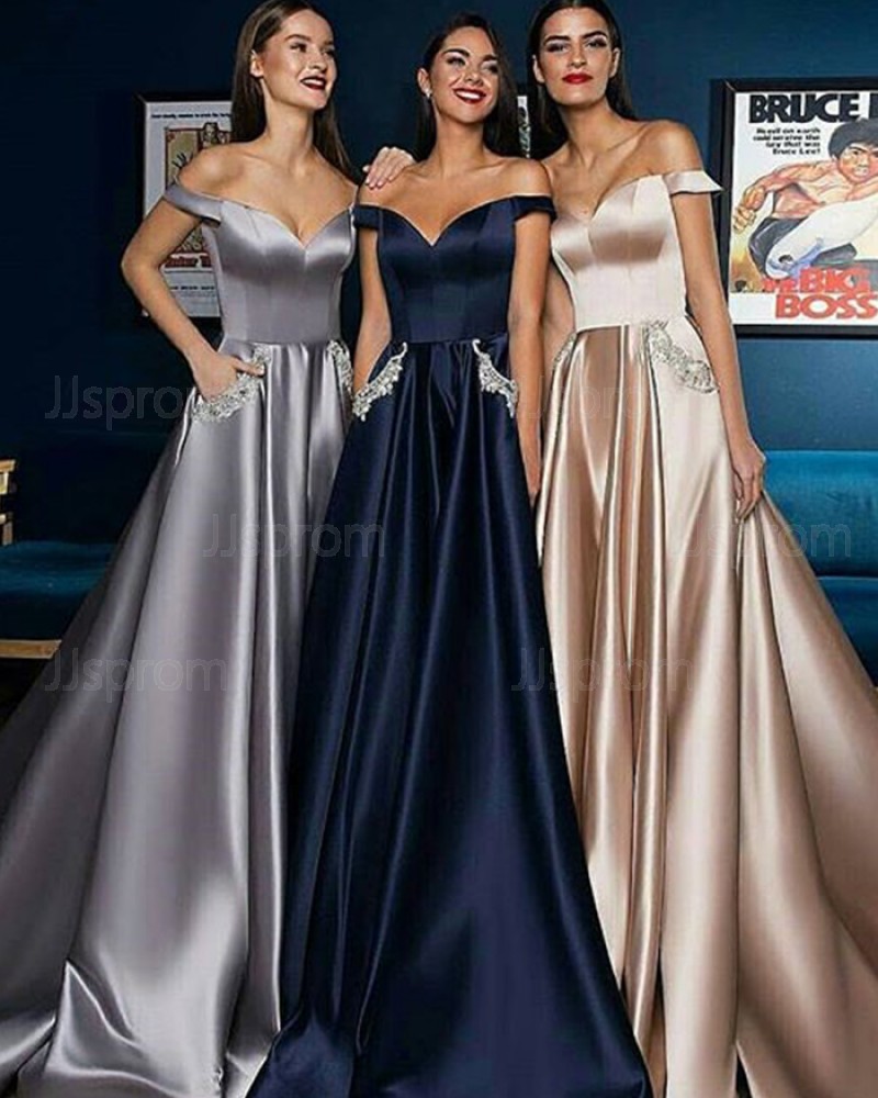 Long Pleated Off the Shoulder Satin Evening Dress with Beading Pockets BD2001