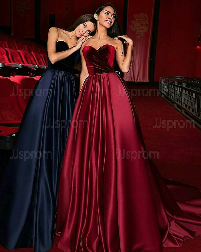 Satin Ruched Sweetheart Ball Gown Evening Dress with Court Train BD2003