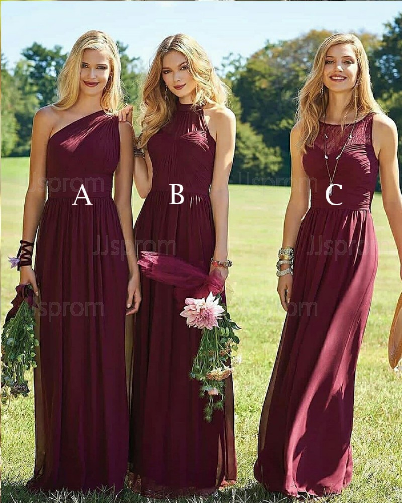 Long Burgundy Flowing Pleated Chiffon Bridesmaid Dress BD2007