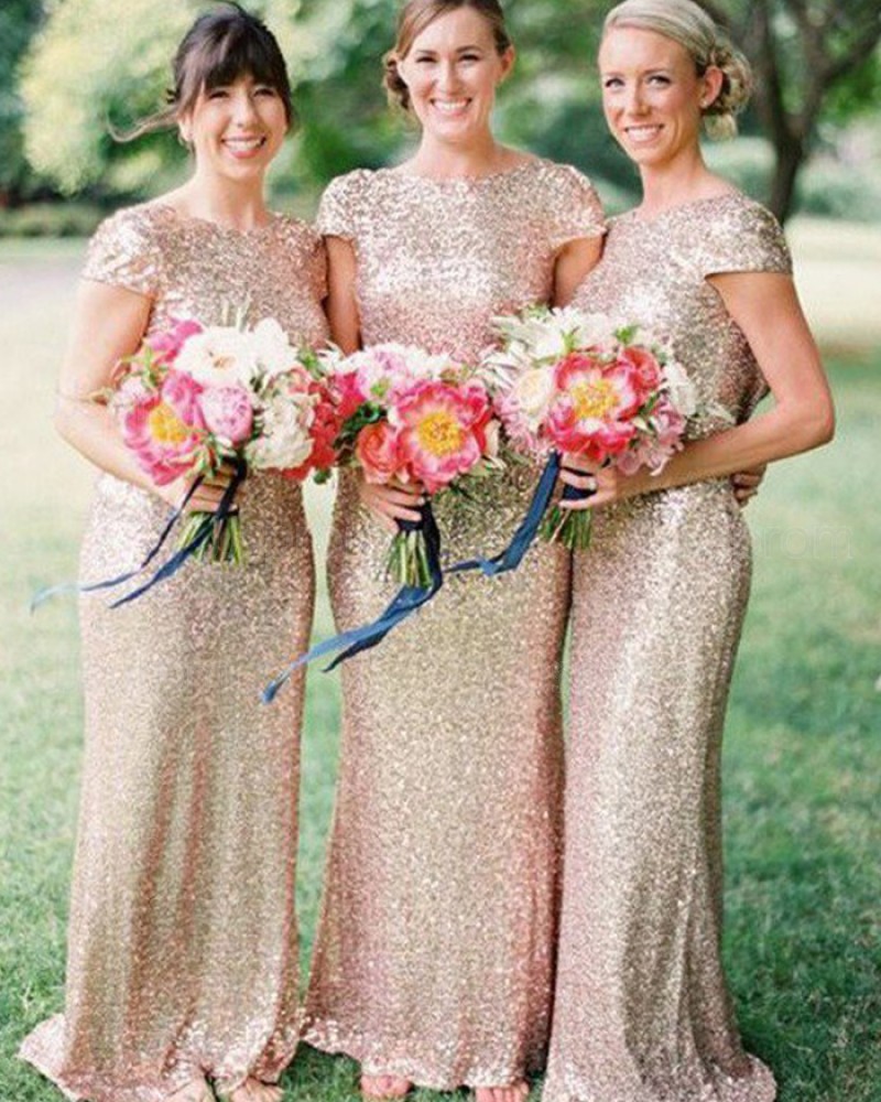 Sequined Mermaid Jewel Gold Long Bridesmaid Dress with Cap Sleeves BD2014