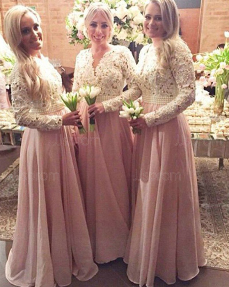 V-neck Long Lace Bodice White and Pink Bridesmaid Dress with Long Sleeves BD2015