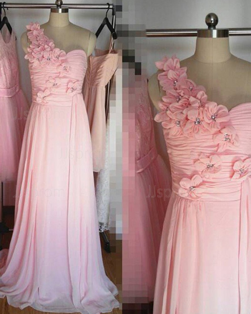 One Shoulder Ruched Pink Handmade Flower Long Bridesmaid Dress BD2025