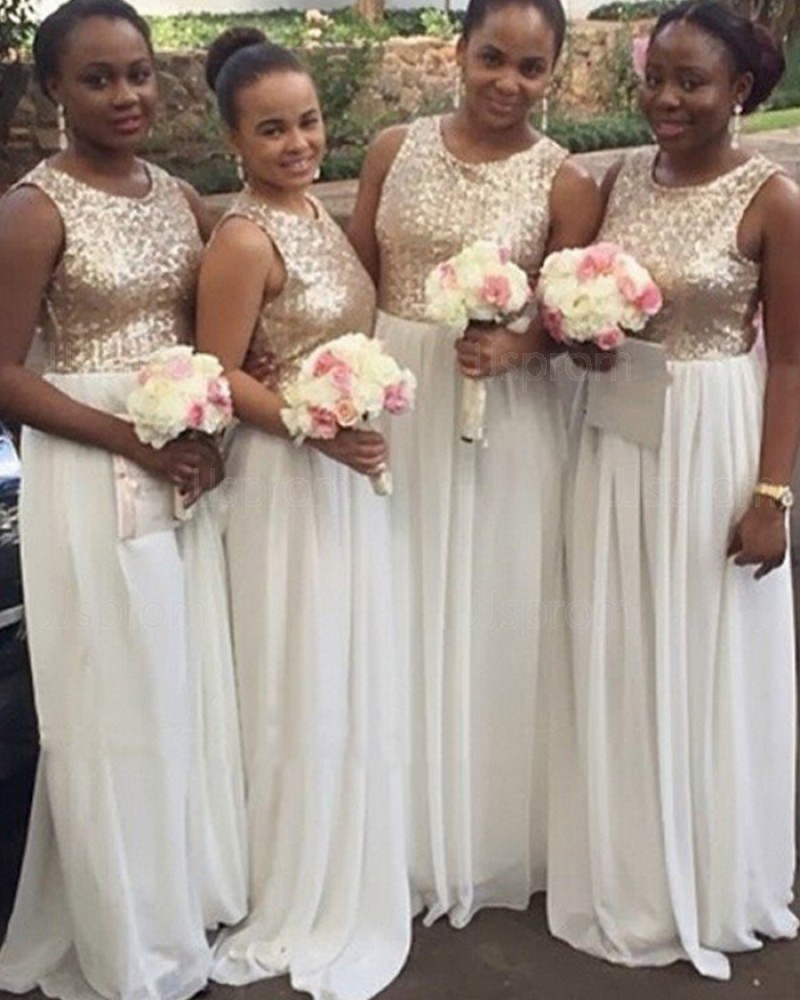 Buy long gold and white sequined bodice chiffon bridesmaid dress