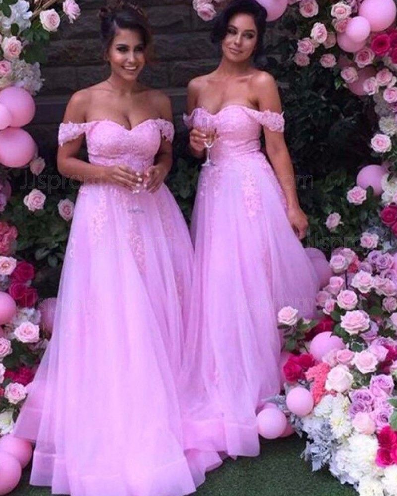 Blush Pink Tulle Off the Shoulder Lace Appliqued Bridesmaid Dress BD2034