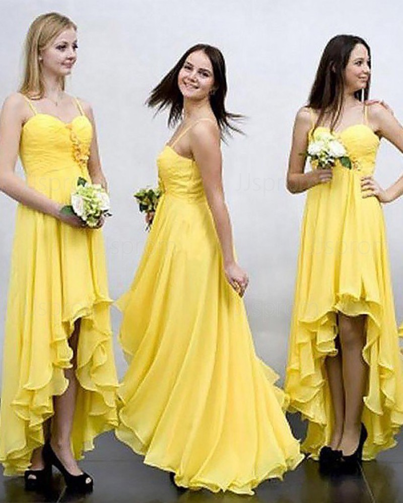 Flower Chiffon Yellow High Low Spaghetti Straps Ruched Bridesmaid Dress BD2035