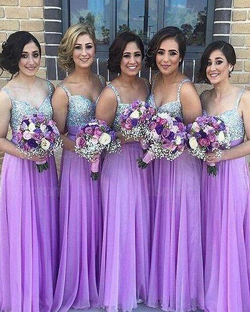 Long Square Purple Sequined Bodice Chiffon Bridesmaid Dress BD2039