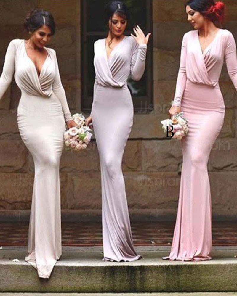 V-neck Simple Ruched Mermaid Bridesmaid Dress with Long Sleeves BD2042