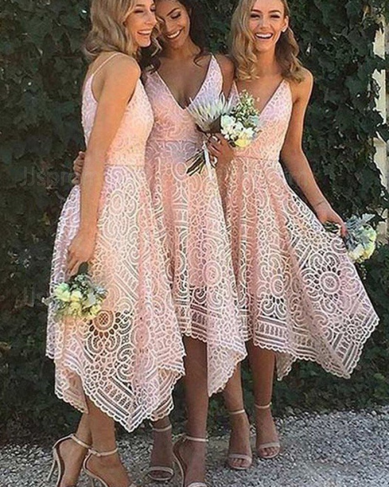 Amazing V-neck Tea Length Pink Lace Asymmetric Bridesmaid Dress BD2058