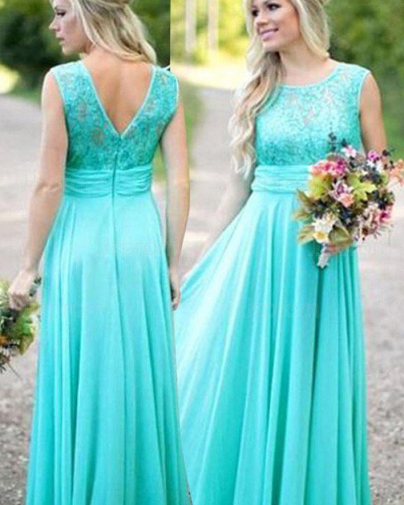 Long Jewel Mint Chiffon Lace Bodice Bridesmaid Dress BD2061
