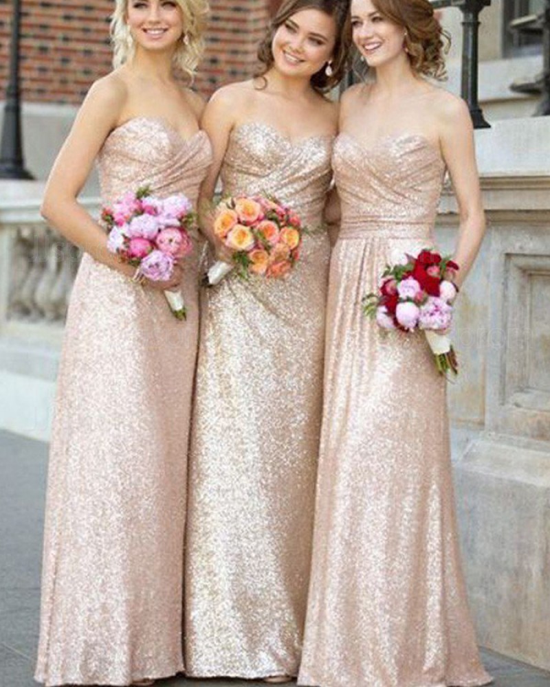 Long Ruched Gold Sweetheart Sequined Bridesmaid Dress BD2067