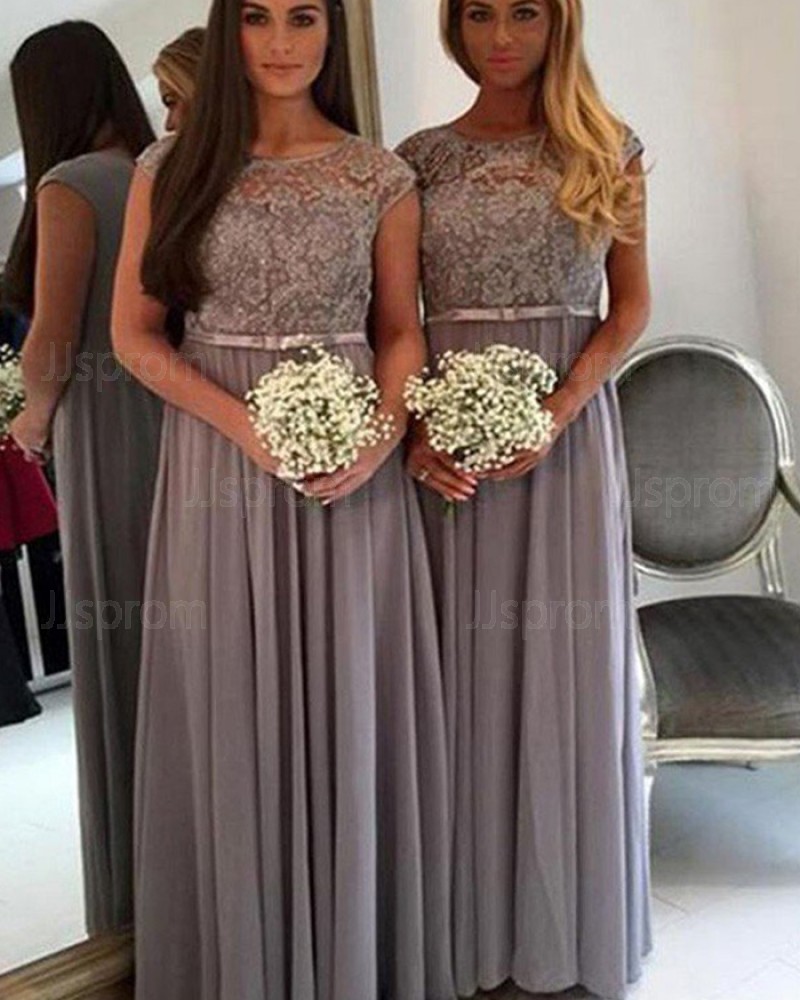 Grey Pleated Jewel Lace Bodice Chiffon Bridesmaid Dress BD2073