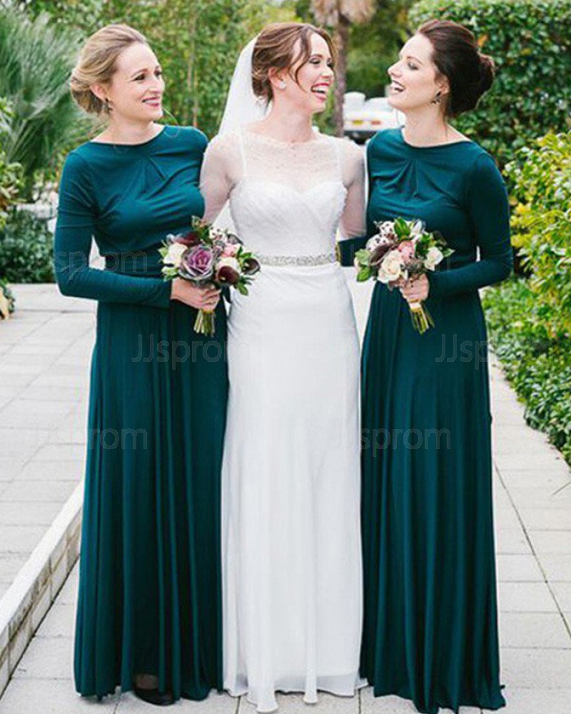 Long Jewel Dark Green Pleated Bridesmaid Dress with Long Sleeves BD2081