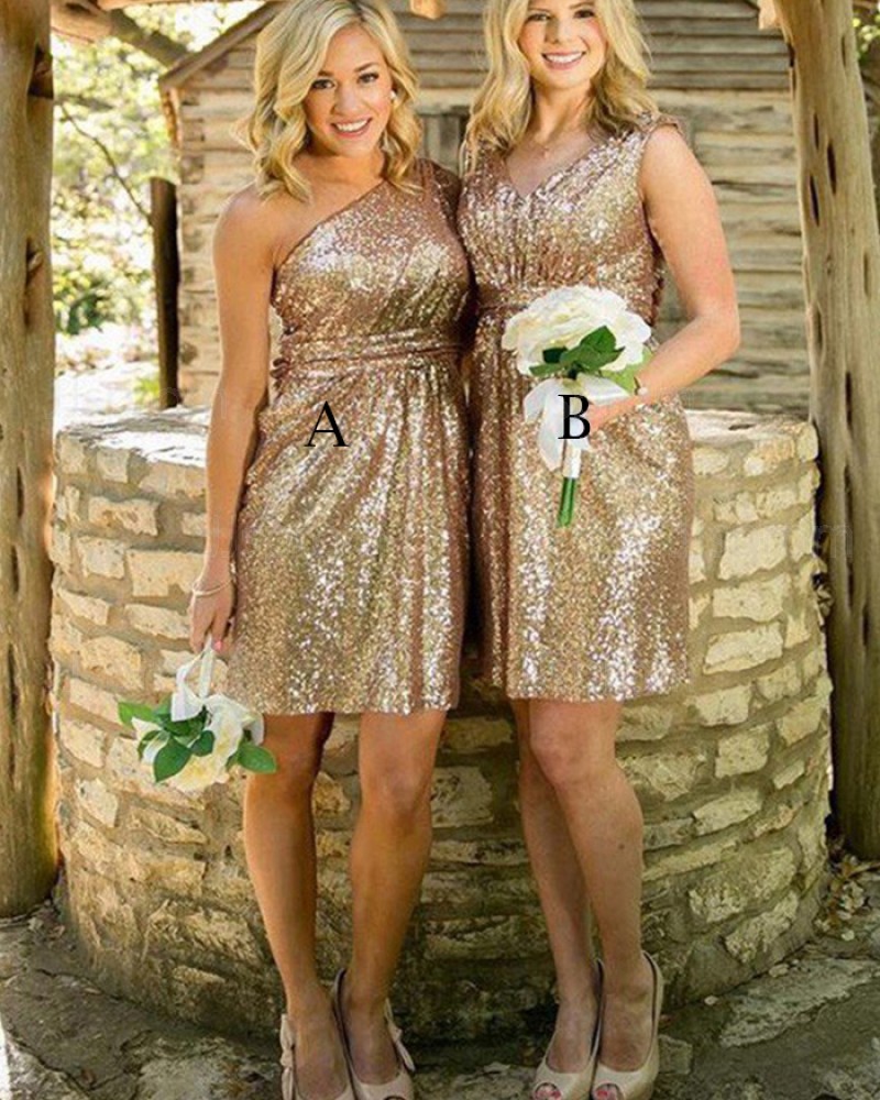 One Shoulder Short Gold Sequined Bridesmaid Dress BD2085