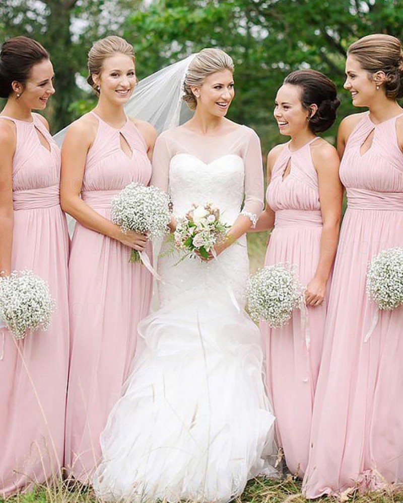High Neck Long Ruched Chiffon Cutout Empire Pink Bridesmaid Dress BD2090