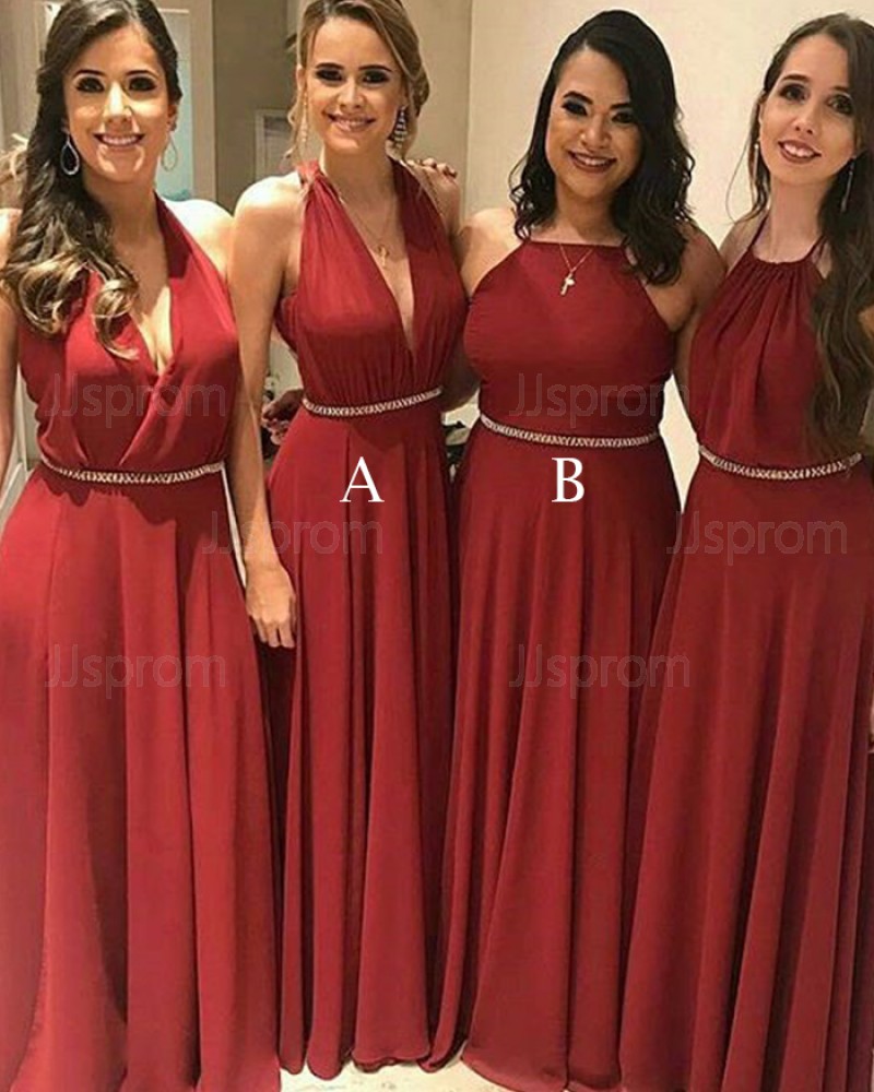 Halter Long Chiffon Red Pleated Bridesmaid Dress with Beading Belt BD2096