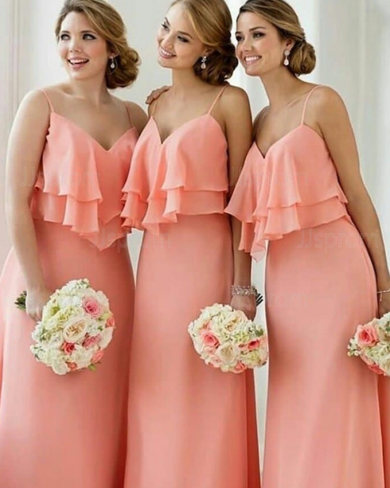 Spaghetti Straps Long Layered Pink Bridesmaid Dress BD2099