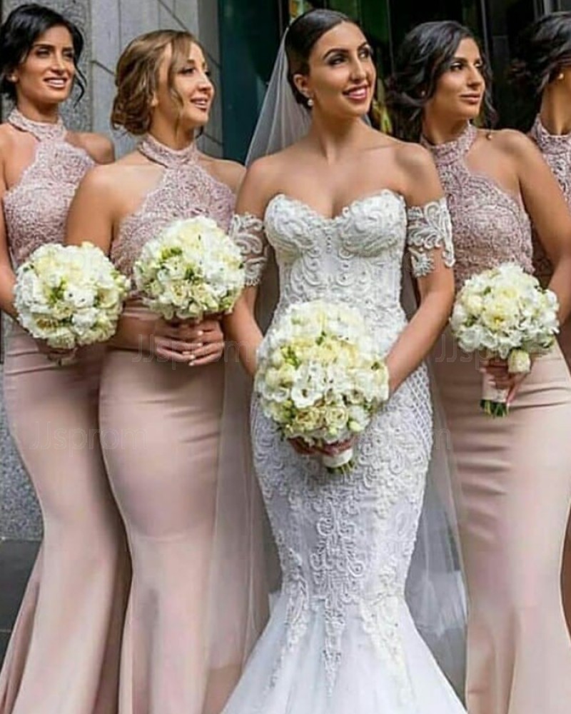 Halter Long Lace Appliqued Mermaid Nude Bridesmaid Dress BD2104