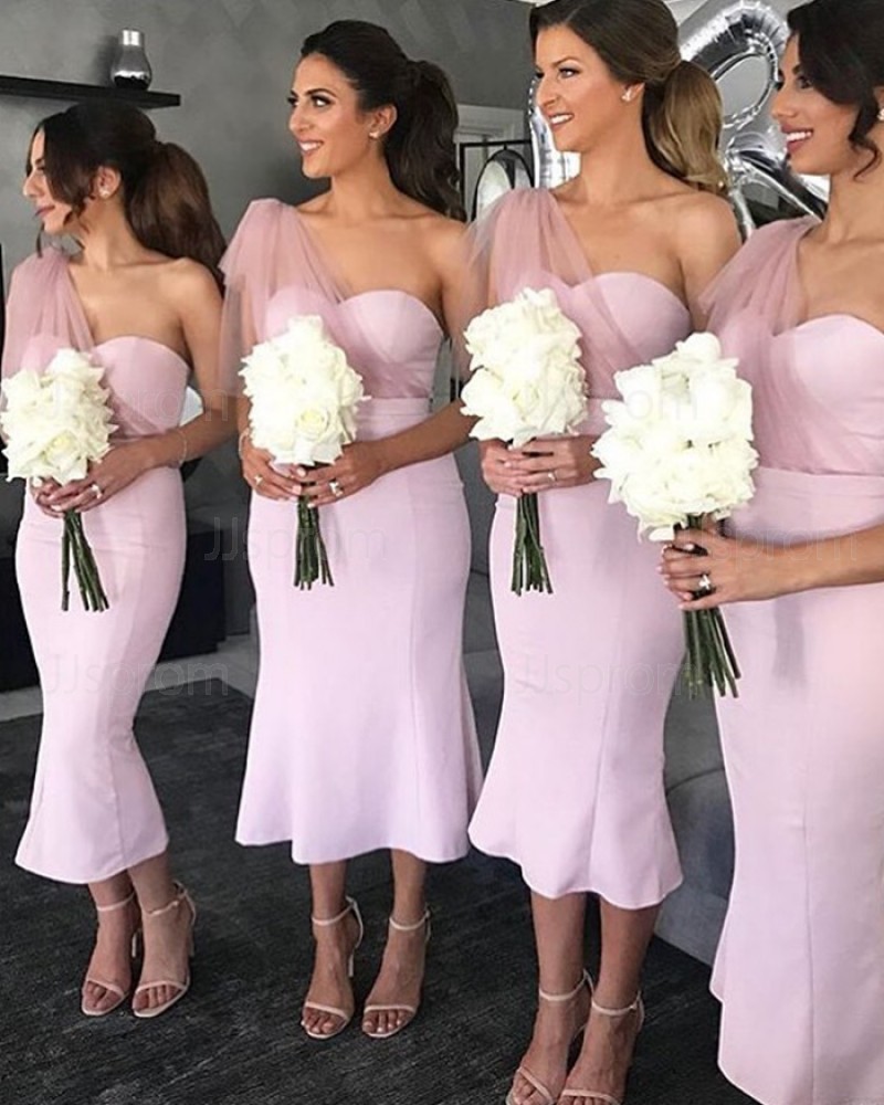 Buy pink mermaid tea length one shoulder light bridesmaid dress online at JJsprom