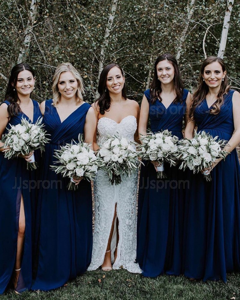 Simple Navy Blue Chiffon V-neck Ruched Bridesmaid Dress with Side Slit BD2113