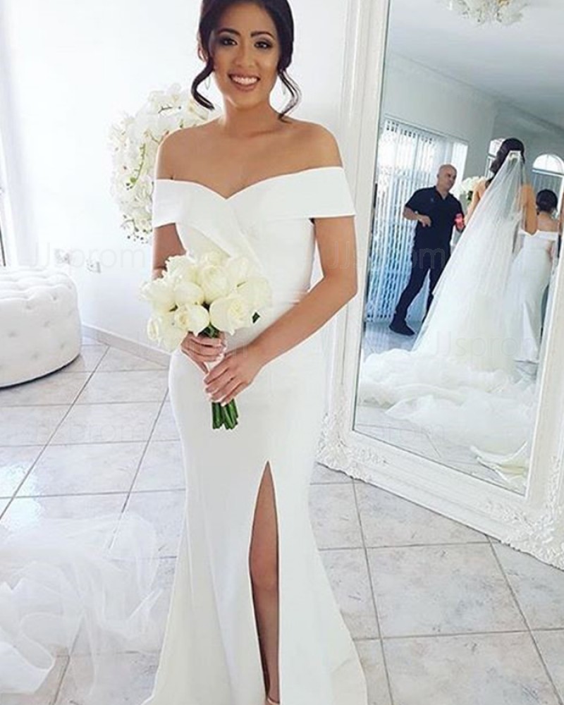 Simple White Mermaid Off the Shoulder Bridesmaid Dress with Side Slit BD2114