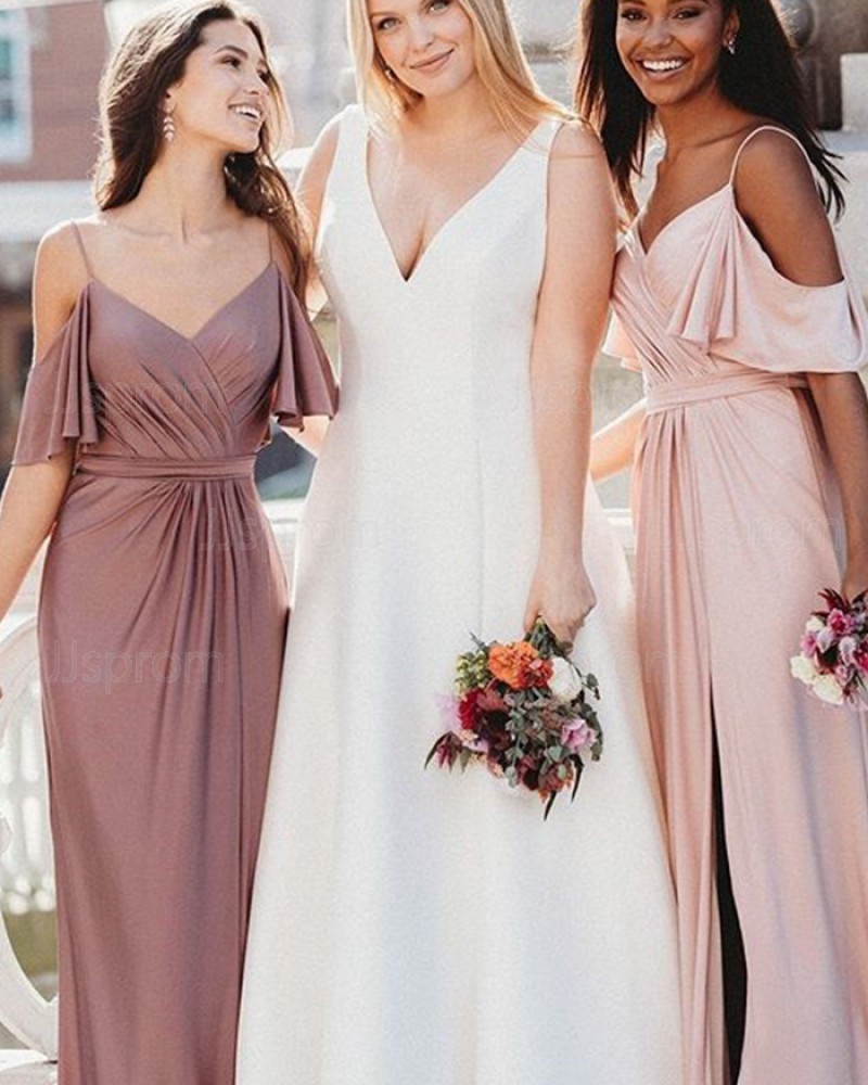 Bohemian Style Chiffon Cold Shoulder Ruched Bridesmaid Dress with Side Slit BD2120