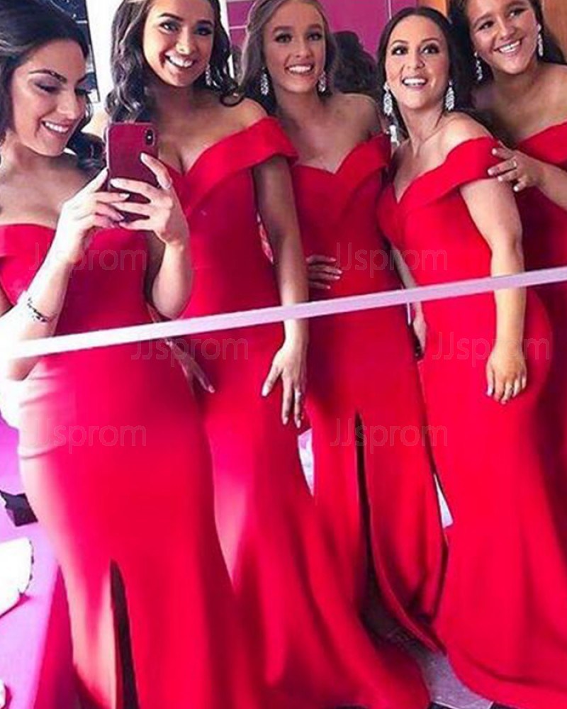 Off the Shoulder Satin Red Mermaid Bridesmaid Dress with Side Slit BD2126