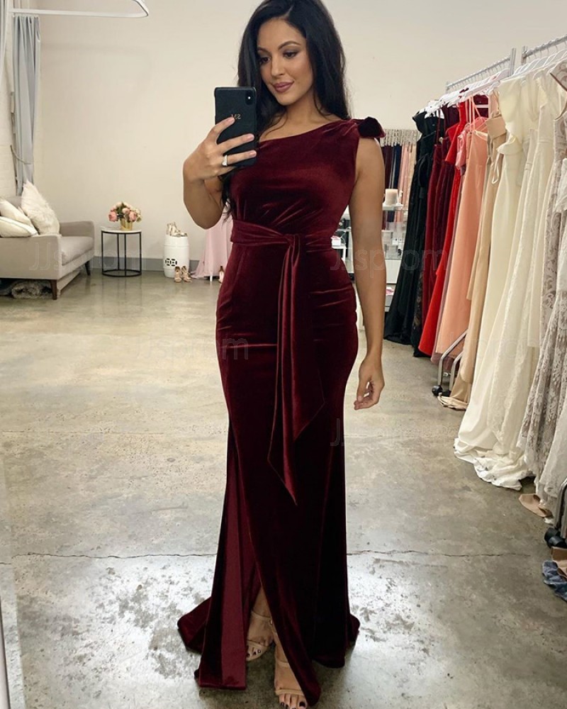 Burgundy Mermaid One Shoulder Velvet Bridesmaid Dress with Side Slit BD2134