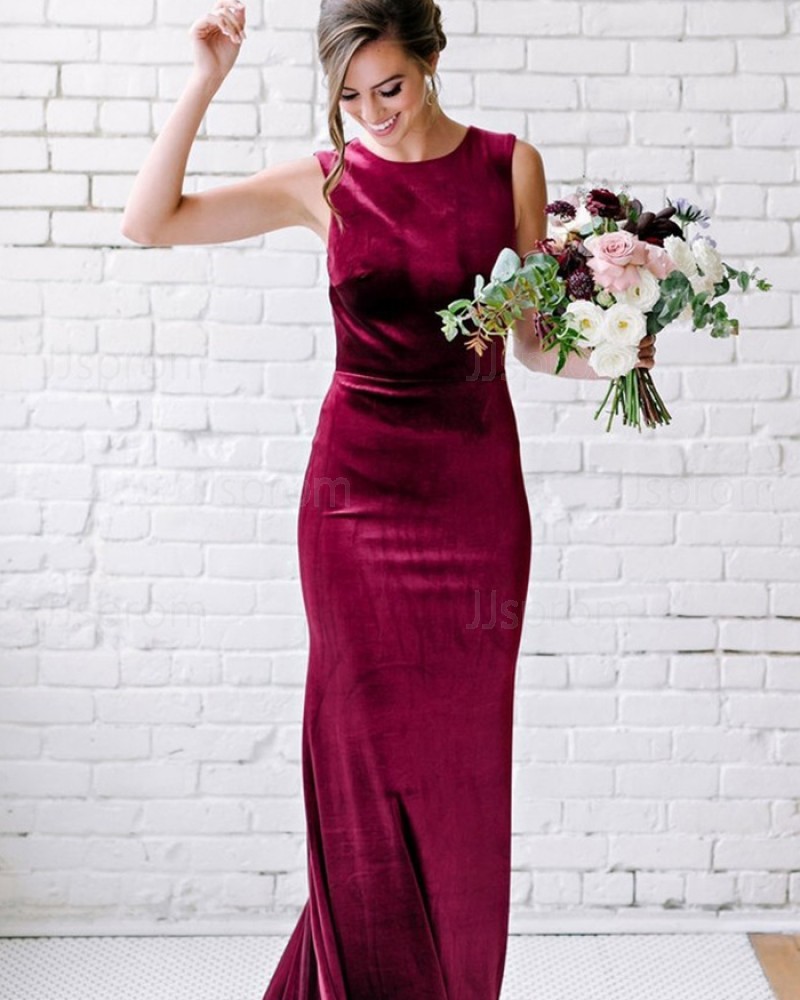 Burgundy Jewel Neck Mermaid Velvet Bridesmaid Dress BD2153