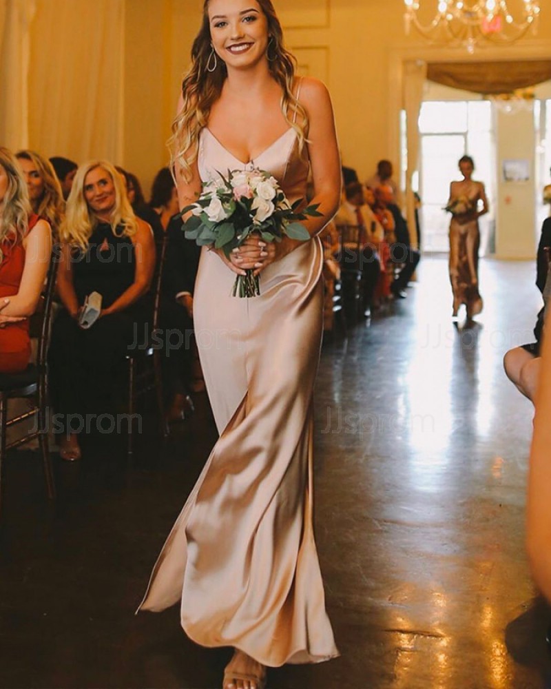 Spaghetti Straps Champagne Simple Bridesmaid Dress with Middle Slit BD2157