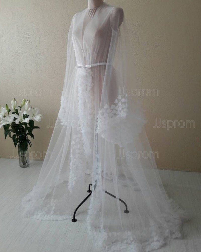 White V-neck Tulle Long Sleeved Bridal Boudoir Robe with 3D Flowers BR005