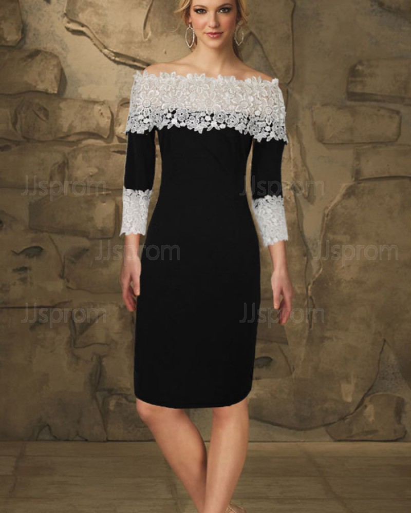 Off the Shoulder Black Lace Appliqued Knee Length Dress with 3/4 Length Sleeves DG1014