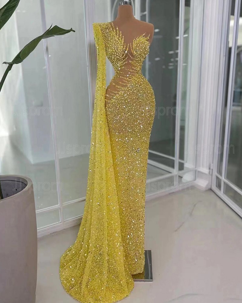 Yellow Beading One Shoulder Evening Dress with Flowy Sleeves DLBN01