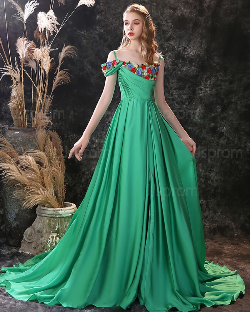 Green Embroidery Ruched Satin Cold Shoulder Evening Dress with Side Slit ED23556