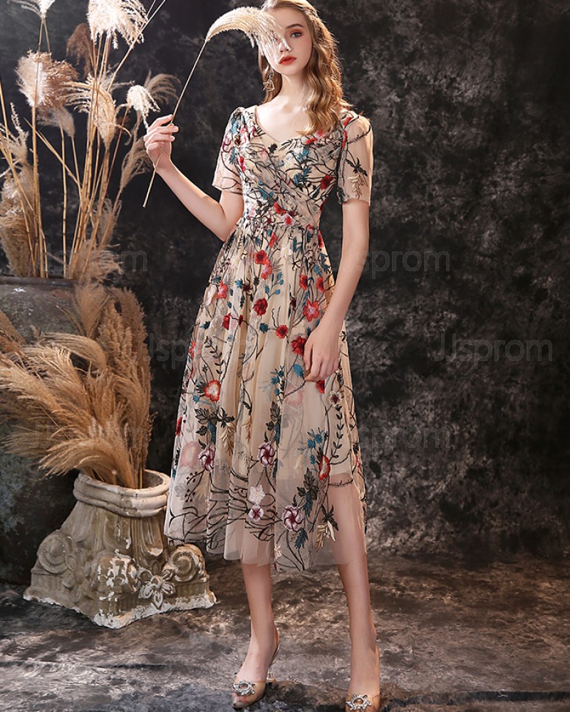 V-neck Tea Length A-line Floral Lace Evening Dress with Short Sleeves ED24559