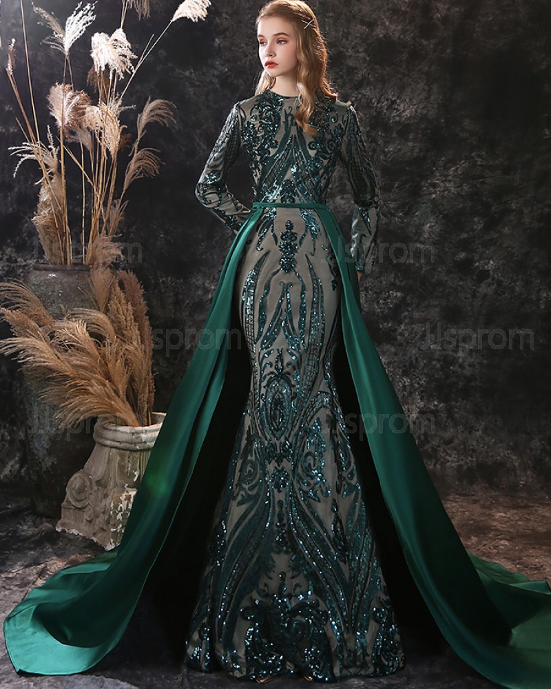 Green Sequin Jewel Mermaid Long Sleeve Evening Dress with Detached Train ED31557