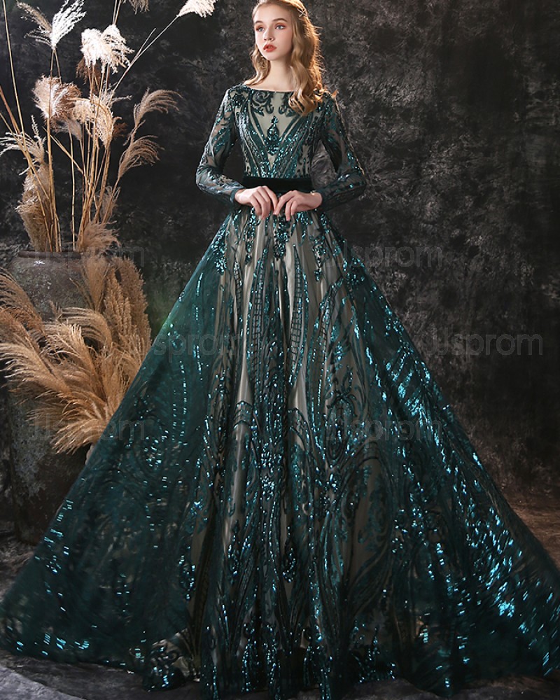 Green Sequin Lace Bateau Evening Dress with Long Sleeves ED38555