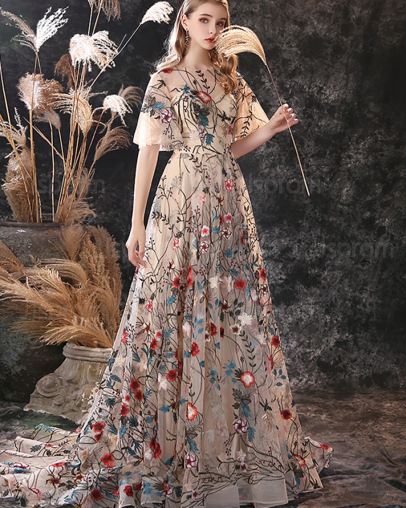 Floral A-line Jewel Neckline Lace Evening Dress with Flutter Sleeves ED45552