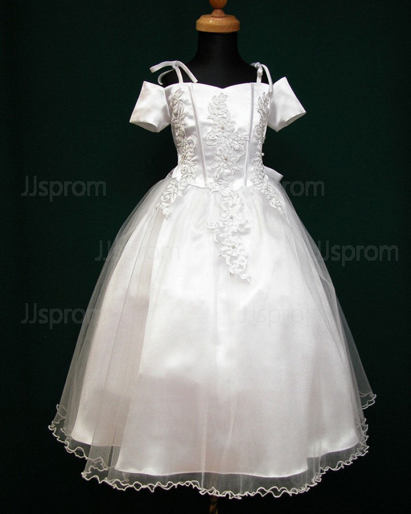 White Satin Cold Shoulder Appliqued First Holy Communion Dress with Bowknot FC0001