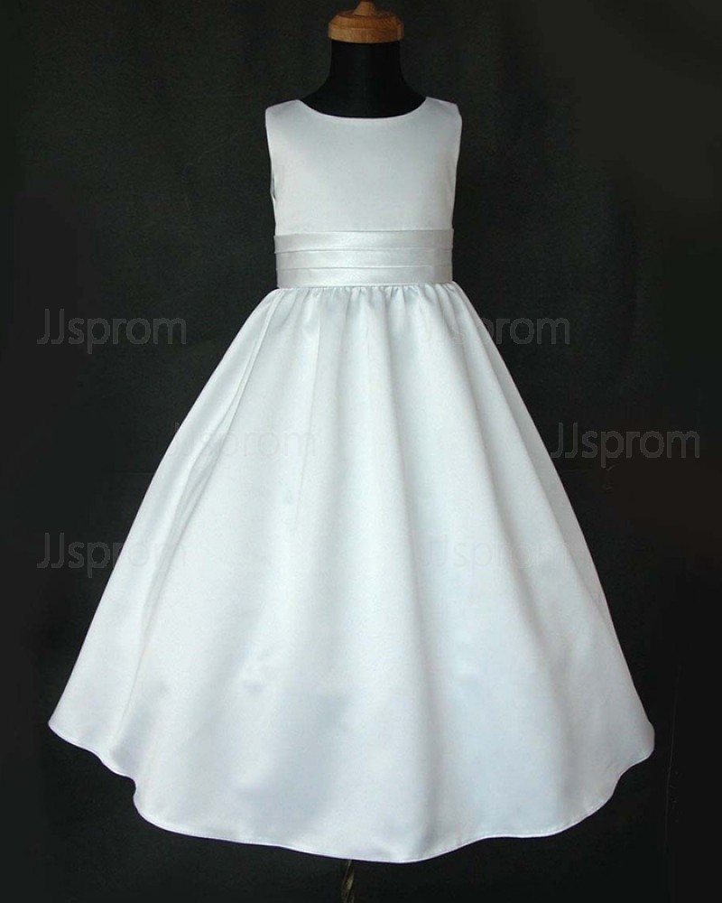White Tea Length Jewel Satin First Holy Communion Dress with Belt FC0002