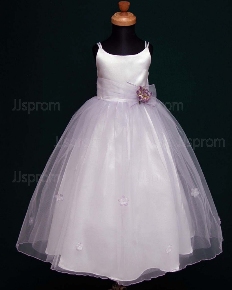 White Satin & Tulle Double Spaghetti Straps First Holy Communion Dress with Handmade Flowers FC0003