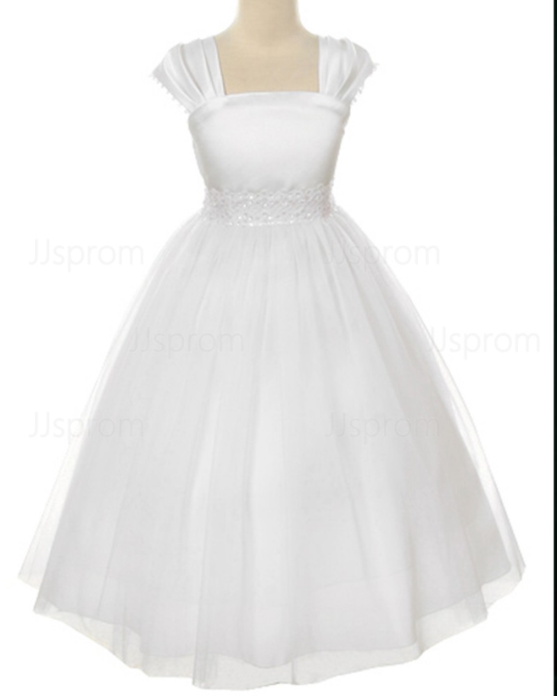 White Tulle Tea Length Square Beading First Holy Communion Dress FC0008