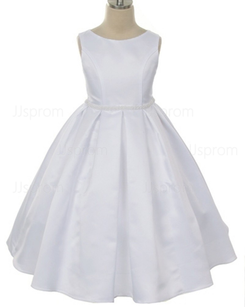 Satin Tea Length Jewel White First Holy Communion Dress with Beadings FC0009