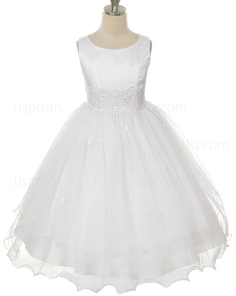 Lace Appliqued Scoop Tulle White First Holy Communion Dress FC0010